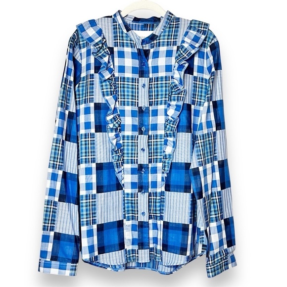 The Shirt Rochelle Behrens NWT Ruffled Shirt Medium blue white plaid blouse - Picture 1 of 13